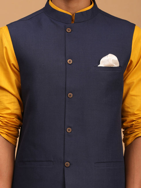 Men's Navy Blue Solid Cotton Nehru Jacket With Mustard Kurta And White Pyjama Set